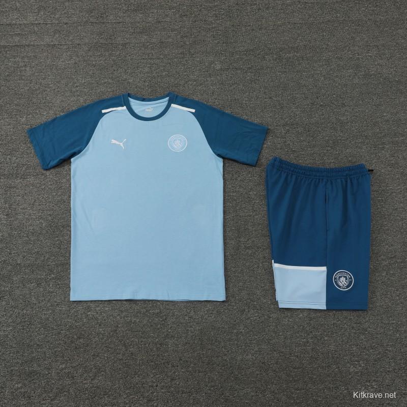 23/24 Manchester City Blue Cotton Short Sleeve Jersey+Shorts