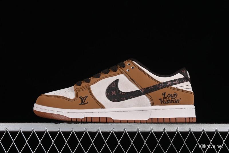 Nike SB Dunk Low LV Collaboration - Brown Black Monogram Anniversary High-End Custom Low-Top Casual Skate Shoes - DQ1098-342
