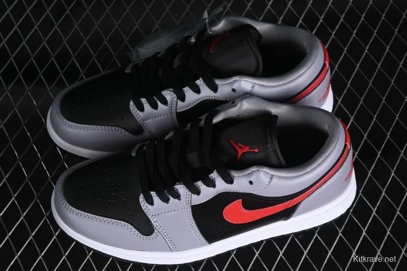 Nike Air Jordan 1 Low AJ1 Basketball Shoes in Grey Black with Red Swoosh - FZ4183-002