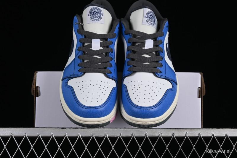 Nike Air Jordan 1 Low Flight Vintage Casual Sneakers with Distressed White-Blue Design - FV8439-104