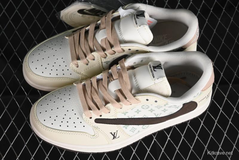 Nike Travis Scott x Fragment Design x Jordan Air Jordan 1 Low OG SP AJ1 LV Beige Brown Print Casual Sneakers - LJ5188-006