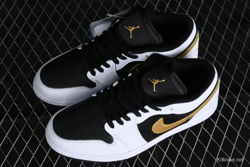 Nike Air Jordan 1 Low AJ1 Basketball Shoes with Black White Gold Swoosh - 553558-172