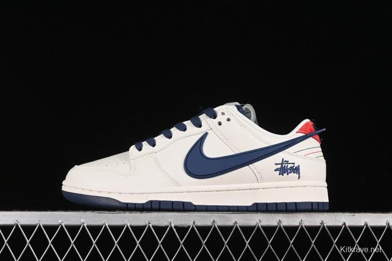 Nike SB Dunk Low Stussy Collaboration - Off White with Big Blue Swoosh Anniversary High-End Custom Low-Top Casual Skate Shoes - XY1688-009
