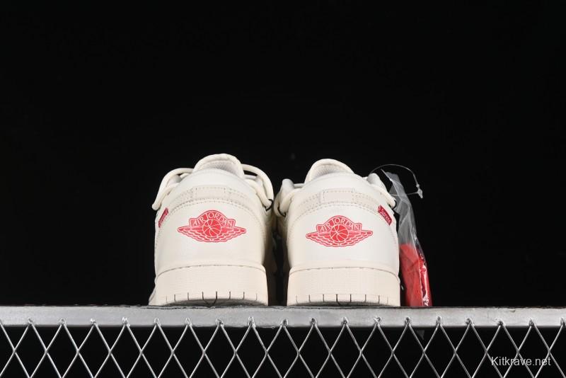Nike Air Jordan 1 Low Supreme Collaboration - Retro Basketball Shoes in Off-White Red with Small Logo - SJ9950-017