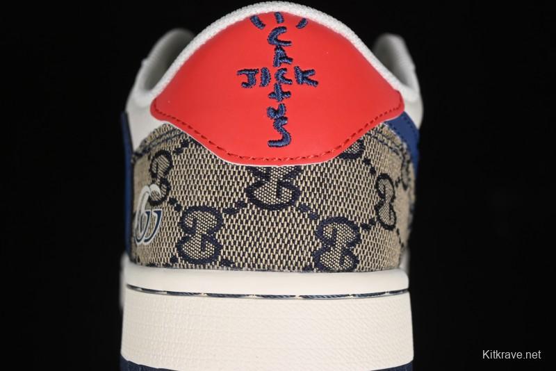 Nike Travis Scott x Fragment Design x Air Jordan 1 Low OG SP AJ1 Gucci Collaboration - Silver Logo Blue Swoosh Low Top Casual Sneakers - XY2688-118