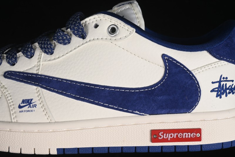 Nike Travis Scott x Fragment Design x Air Jordan 1 Low OG SP AJ1 Supreme Stussy Collaboration - Suede Blue Swoosh Low-Top Casual Sneakers - SJ2068-127