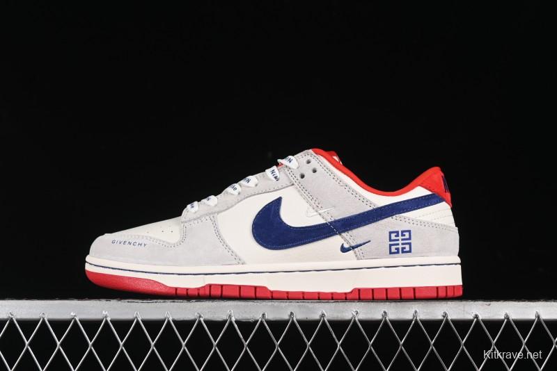Nike SB Dunk Low Givenchy Collaboration - Gray Blue Red Double Swoosh Anniversary High-End Custom Low-Top Casual Sneakers - CF3688-033