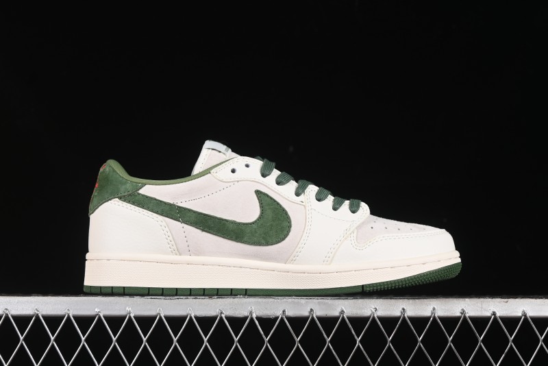Nike Travis Scott x Fragment Design x Air Jordan 1 Low OG SP AJ1 LV Collaboration - Grey Green Pigskin Low Top Casual Sneakers - XZ1268-005