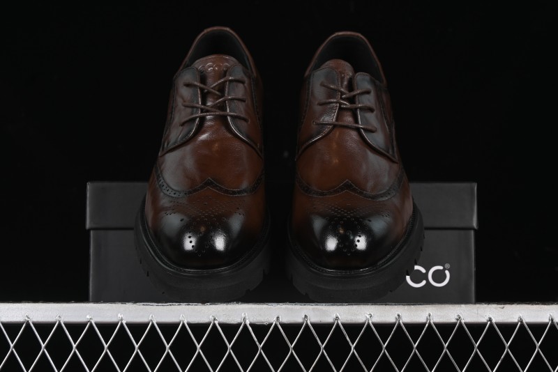 ECCO Block Derby Round Toe Genuine Leather Brogue Dress Shoes - 63667201002