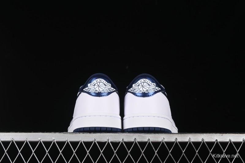 Nike Air Jordan 1 Low 85 Retro Sneakers in White with Metallic Blue Swoosh - FB9933-141