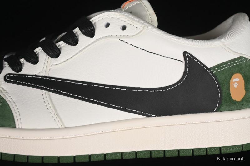 Nike Travis Scott x Fragment Design x Air Jordan 1 Low OG SP AJ1 Bape Collaboration - Jungle Green Low Top Casual Sneakers - XY2688-107