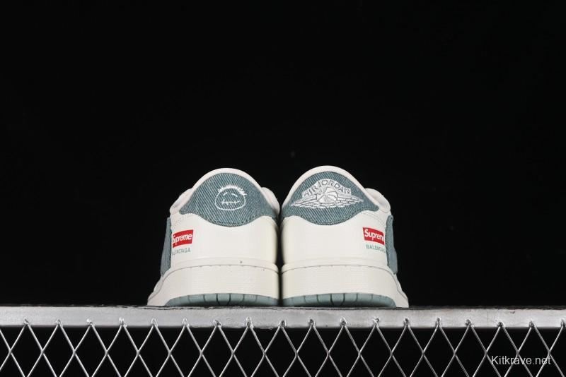 Nike Travis Scott x Fragment Design x Air Jordan 1 Low OG SP AJ1 Supreme Collaboration - Green Canvas Swoosh Low-Top Casual Sneakers - JH6088-706