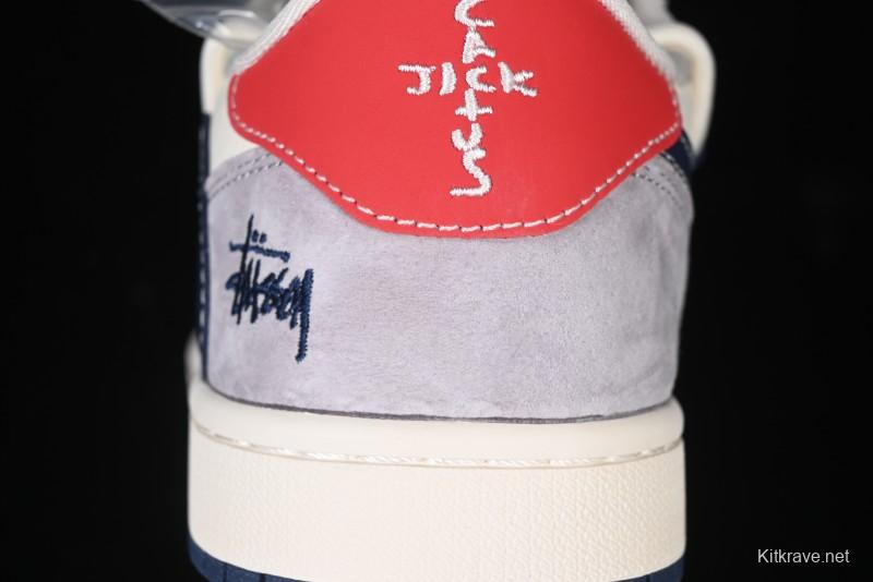 Nike Travis Scott x Fragment Design x Air Jordan 1 Low OG SP AJ1 Stussy Collaboration - Grey Blue Hook Lace Low Top Casual Sneakers - SJ0086-140