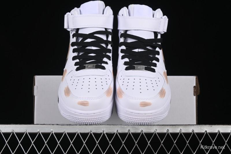 Nike Air Force 1 '07 Mid Hand-Painted White Black Brown with Swoosh Shadow Strap Mid-Top Casual Sneakers - CW2289-111