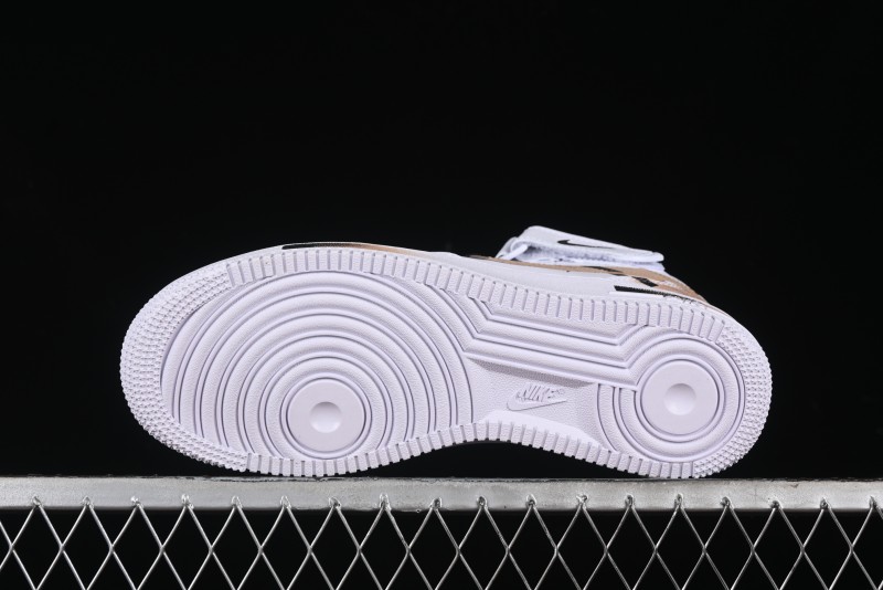 Nike Air Force 1 '07 Mid Hand-Painted White Black Brown with Swoosh Shadow Strap Mid-Top Casual Sneakers - CW2289-111