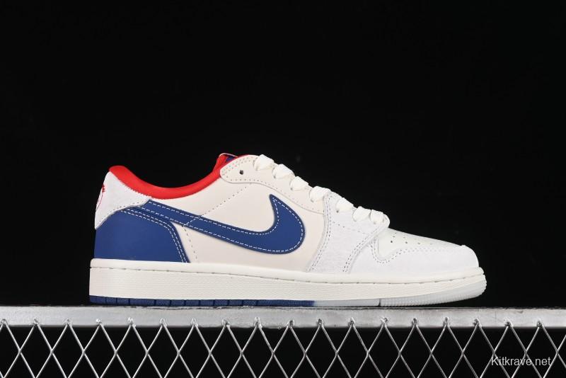 Nike Travis Scott x Fragment Design x Air Jordan 1 Low OG SP AJ1 Supreme Collaboration - Blue White Colorway Low Top Casual Sneakers CH6336-016