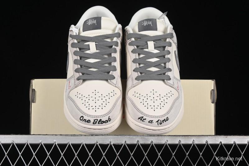 Nike SB Dunk Low Stussy Collaboration - Embroidered Grey Swoosh Anniversary Custom Low-Top Casual Sneakers - MM1089-033