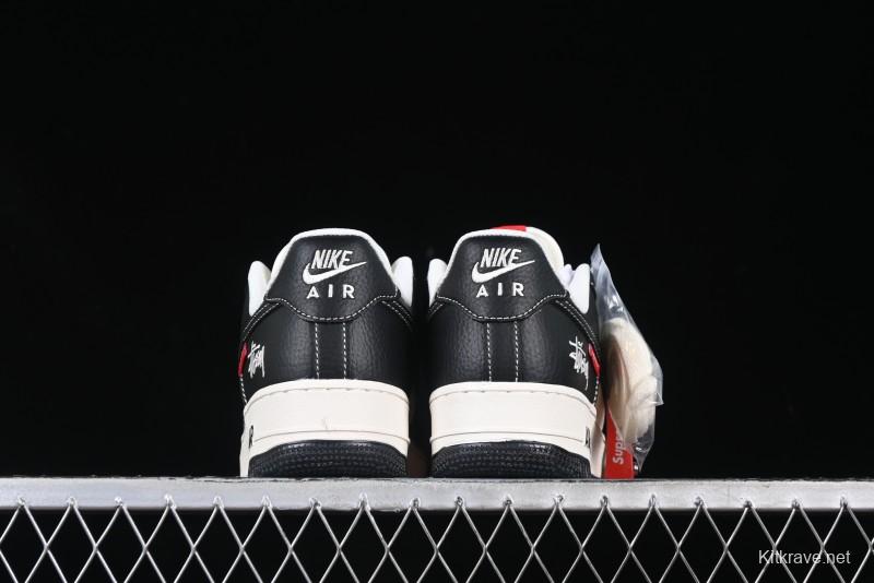 Nike Air Force 1 '07 Low Stussy Supreme Collaboration Dual-Tone Black Red Logo Low-Top Casual Sneakers - HH7518-043