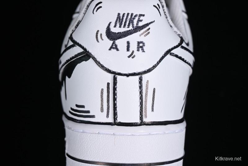 Nike Air Force 1 '07 Low Casual Sneakers with Black and White Hand-Drawn Manga Design - CW2288-811