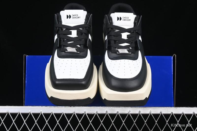 Choco Concert Leather Round Square Asymmetric Fashion Sneakers Black White - AJE5