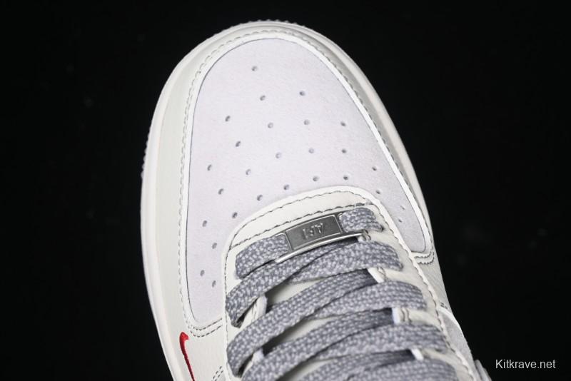 Nike Air Force 1 '07 Low Supreme Collaboration Beige Grey with Red Swoosh Casual Sneakers - BB7518-011