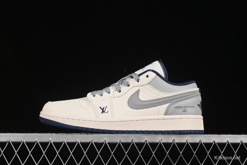 Nike Air Jordan 1 Low LV Collaboration Retro Basketball Shoes with Smoke Grey 3D Swoosh - XS6086-557