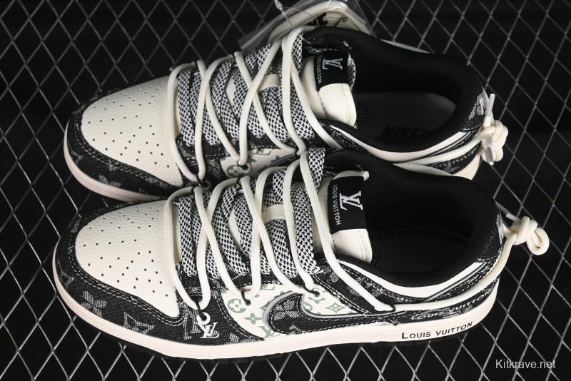 Nike SB Dunk Low LV Collaboration Strap Black Denim Print Anniversary High-End Custom Low-Top Casual Skate Shoes - YX5066-320