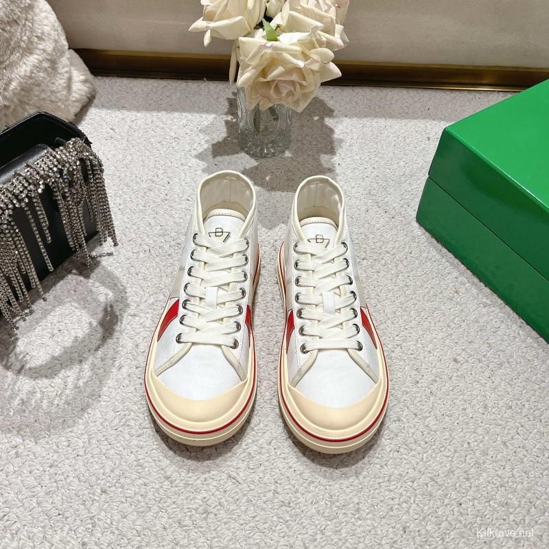 2025 Unisex Bottega Veneta White Red Canvas Leather Sneakers LY00