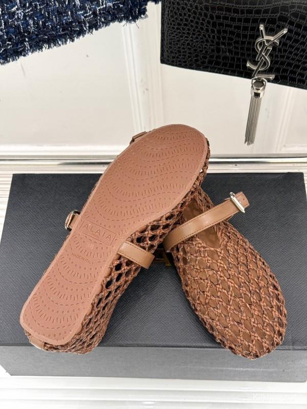 2025 Women AlAIA Brown Leather Woven Mary Jane Shoes