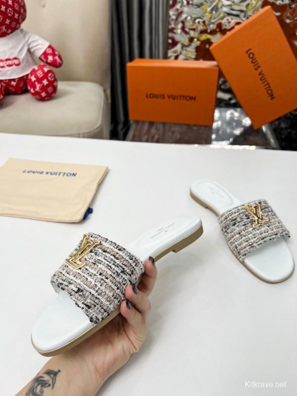 2025 Women Louis Vuitton White Tweed Leather Slippers LY00210
