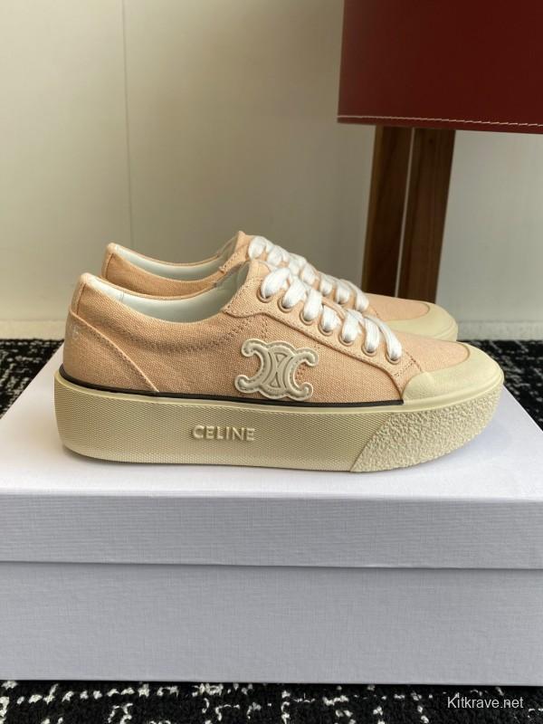 2025 Women Celine Beige Canvas Leather Platform Sneakers