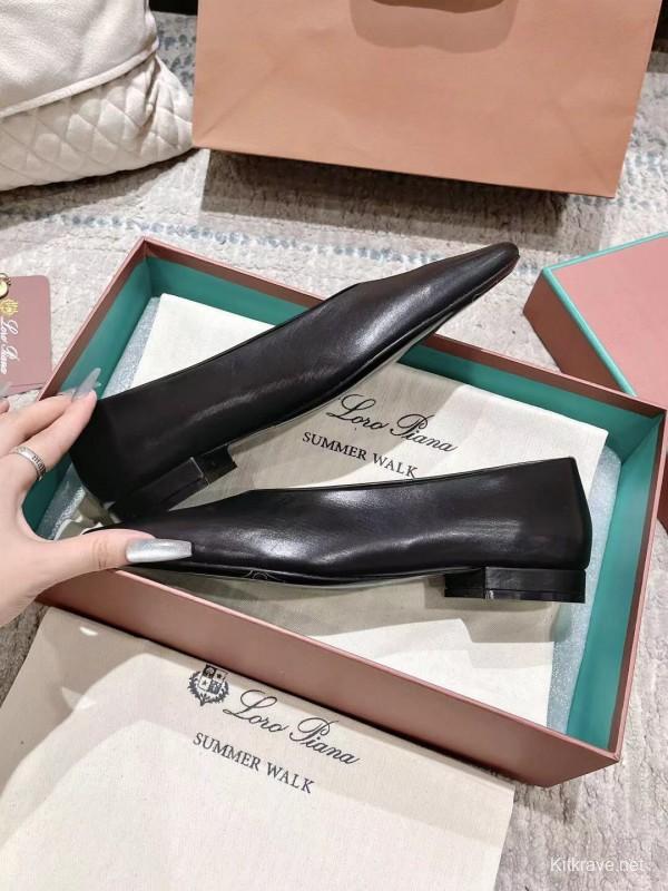 2025 Women LP Black Leather Ballet Flats