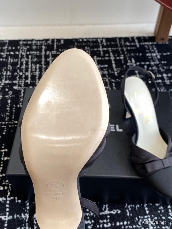 2025 Women Chanel Black Satin Leather High Heels Bow Slingback KFY00289