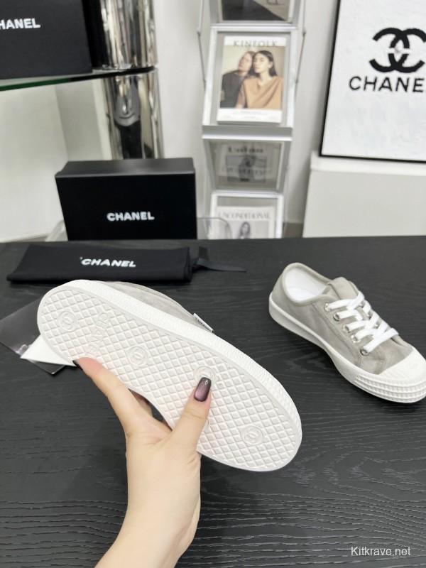 2025 Women Chanel Grey Canvas Leather Casual Sneakers LY00230
