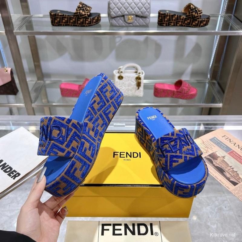 2025 Fendi Blue Brown Canvas Slippers
