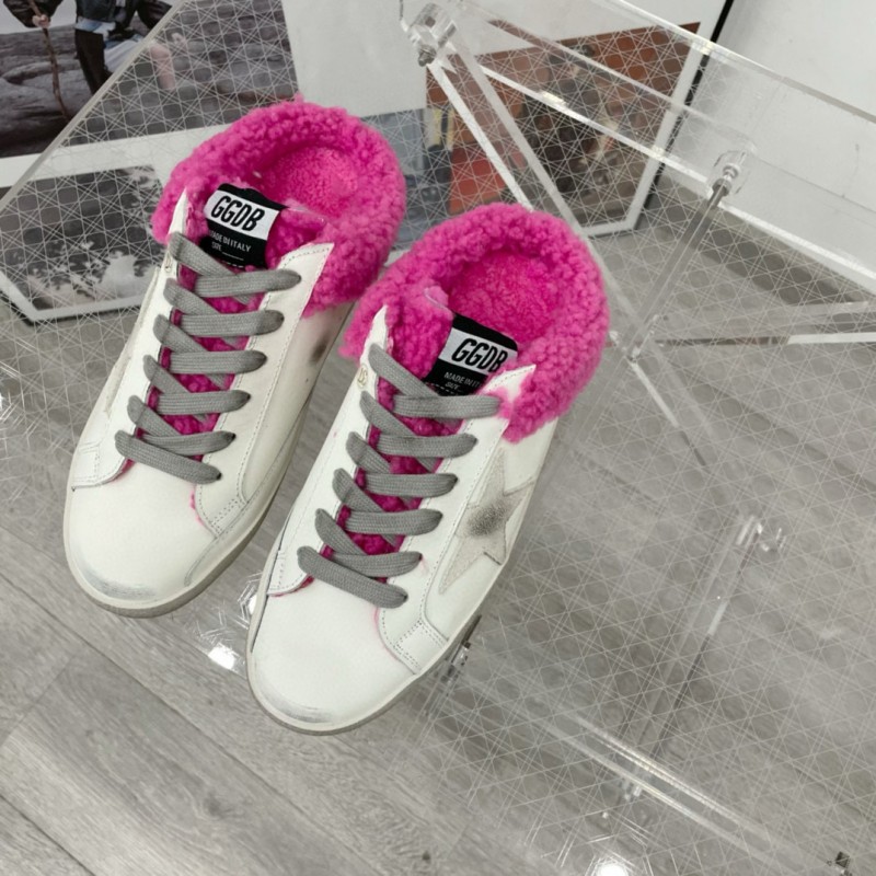 2025 Women GGDB White Pink Shearling Leather Sneakers