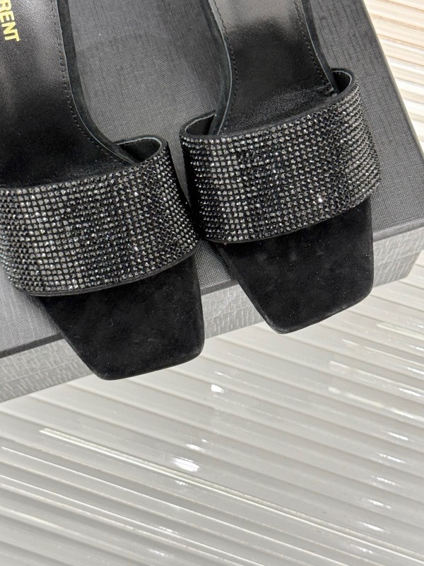 2025 Women Yves Saint Laurent Black Rhinestone Leather High Heel Slippers LY00300