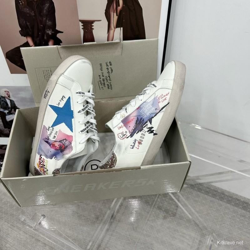 2025 Women GGDB White Blue Leather Sneakers