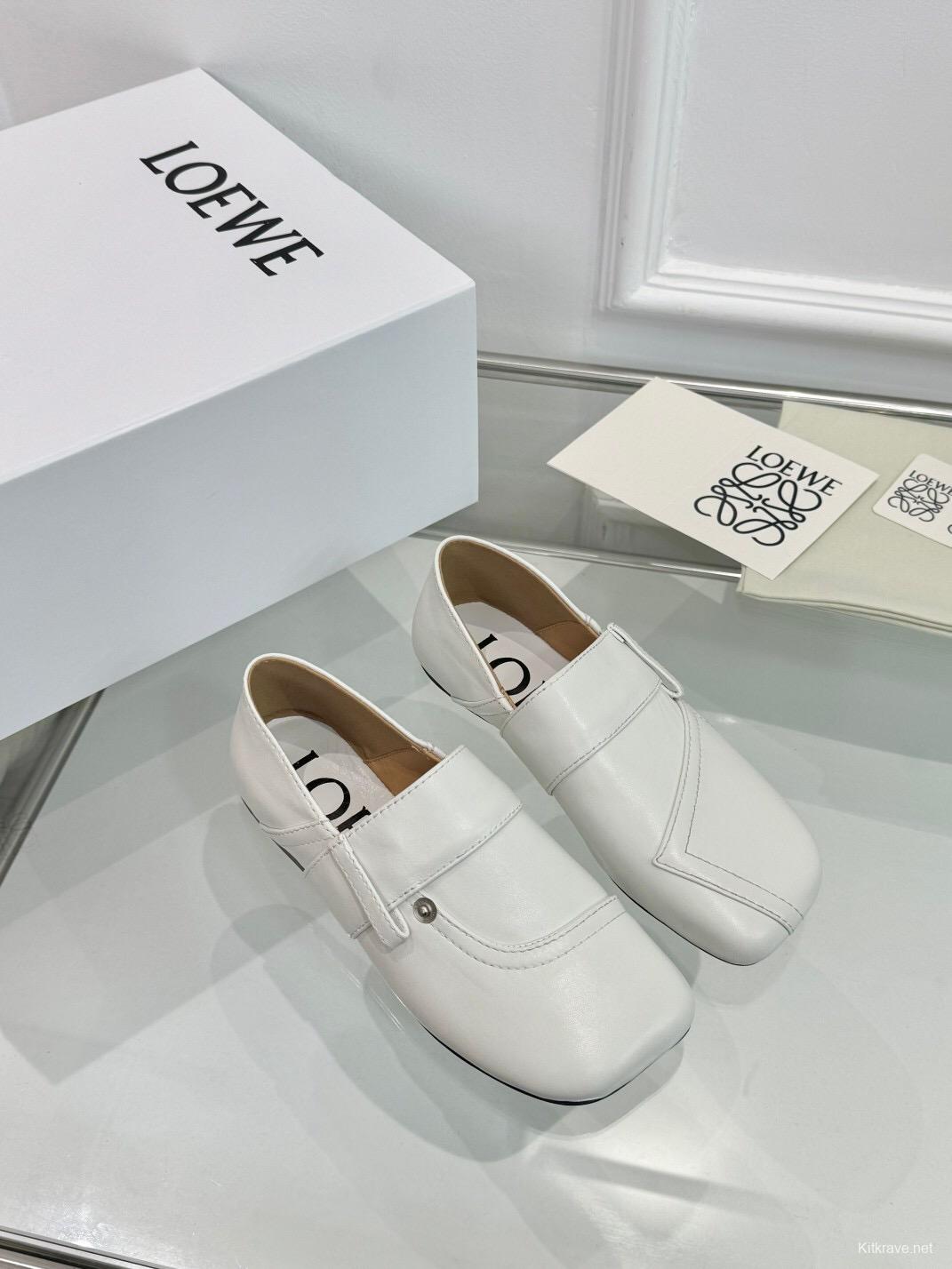 2025 Women Loewe White Leather Loafers LY00291