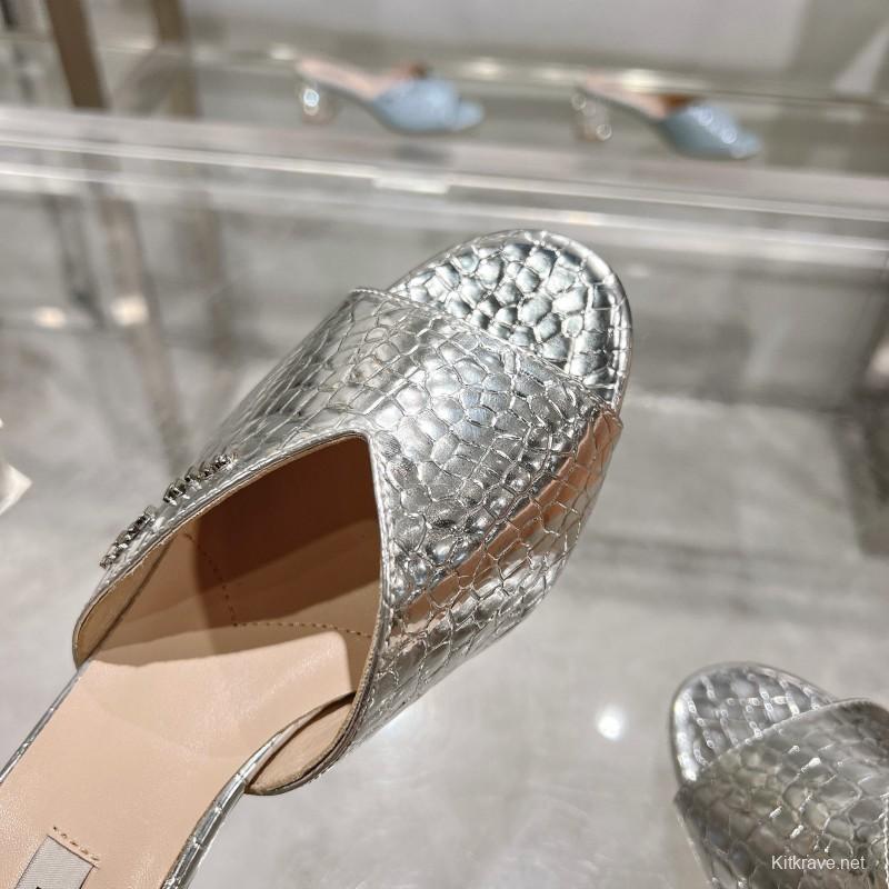 2025 Women Miu Miu Silver Leather Mules