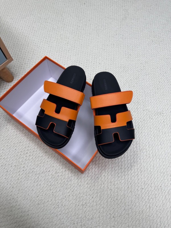 2025 Women Hermès Orange Black Leather Slippers