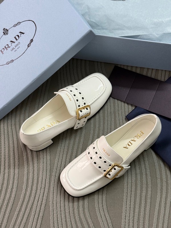 2025 Women Prada White Leather Loafers KFY00320
