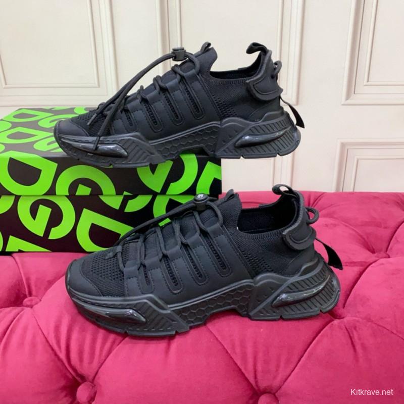 2024 Unisex Dolce & Gabbana Black Knit Leather Sneakers