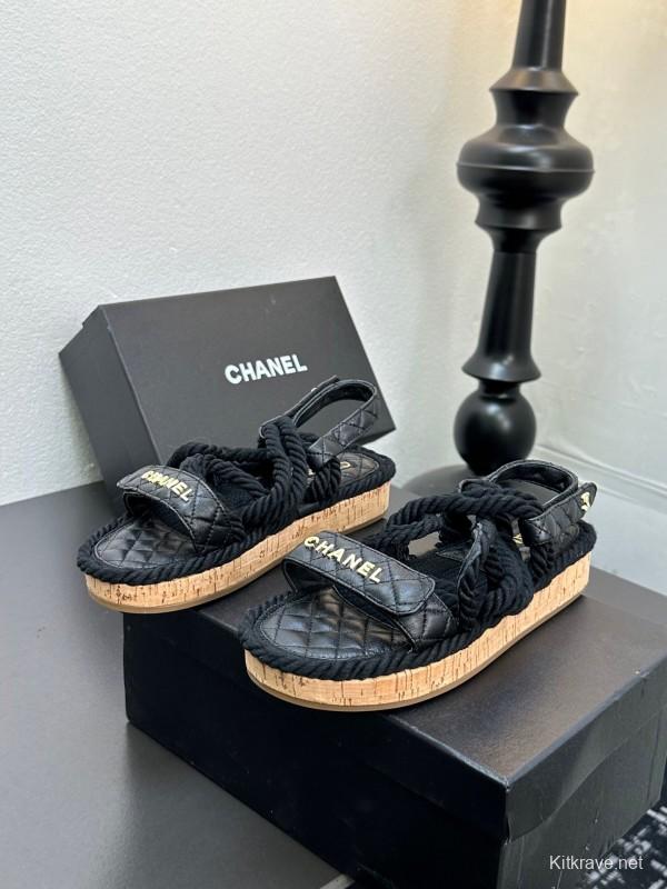 2025 Slippers Chanel Black Rope Leather Sandal LY00260