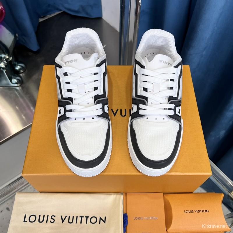 2025 Unisex Louis Vuitton White Black Calf Leather Sneakers LV Trainer