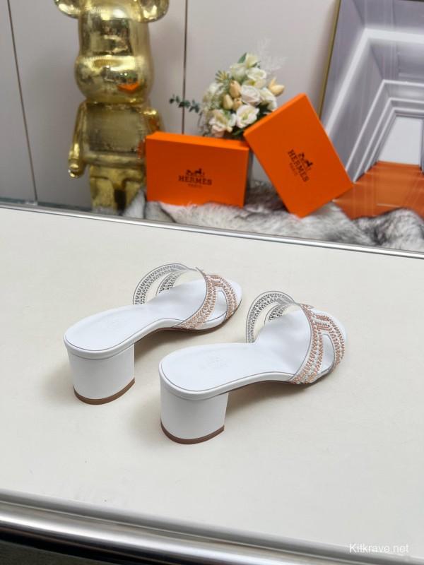 2025 Hermès White Leather Slippers H Pattern MJ00180