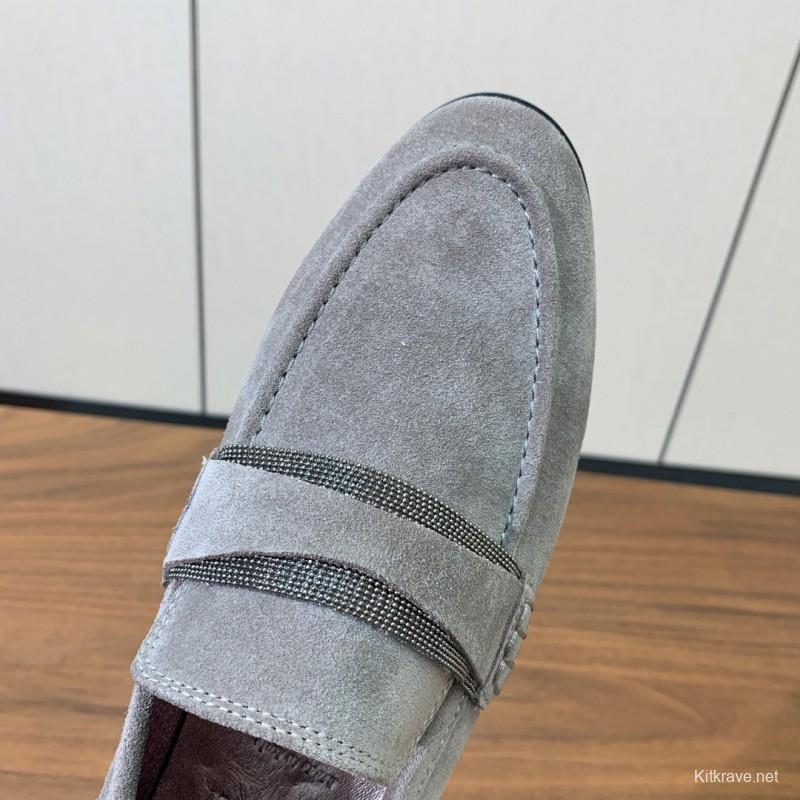 2025 Men Brunello Cucinelli Grey Suede Loafers Handcrafted Leather Sole KFY00300(M)