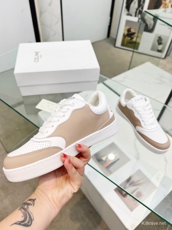 2025 Women Celine White Beige Leather Sneakers BLOCK TRIOMPHE KFY00260