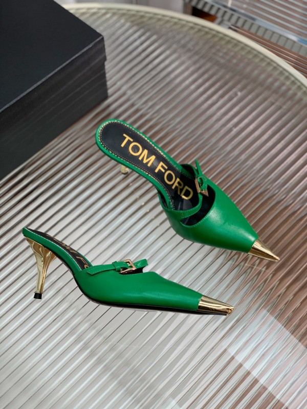 2025 Women TOM FORD Green Gold Leather Pointed Toe Mules KFY00300