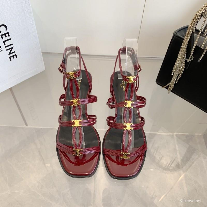 2025 Women Celine Burgundy Patent Leather Sandals KFY00300